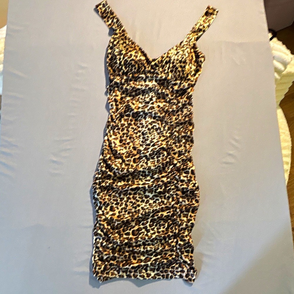 City Triangles Leopard Print Ruched Bodycon Mini Dress Brown Black Large
